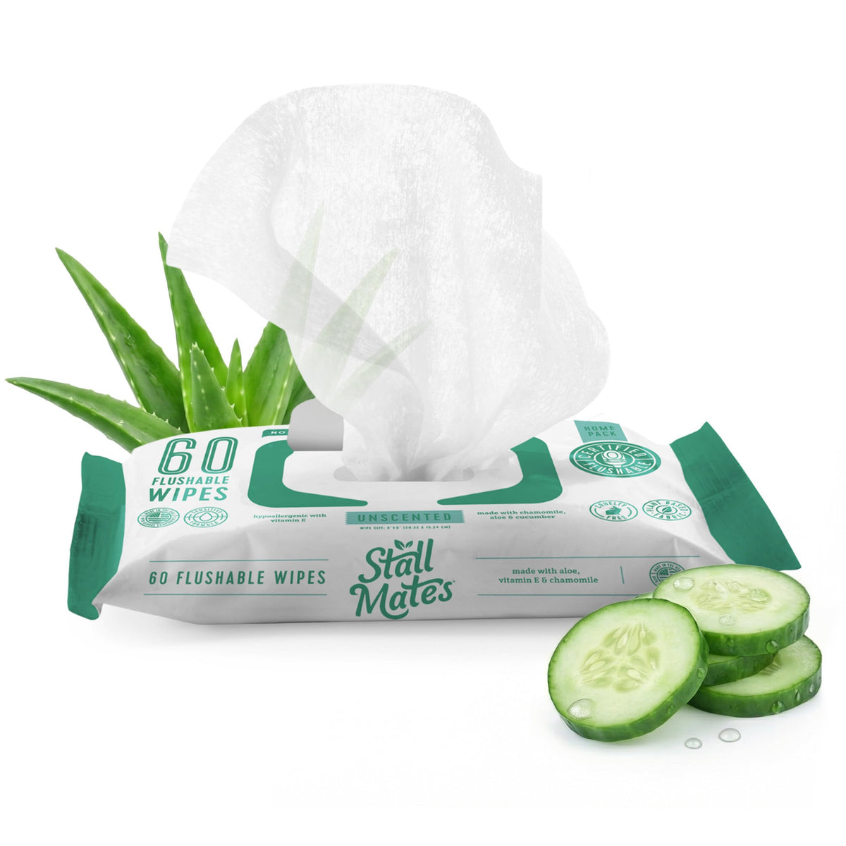 Stall Mates Flushable Wipes, 60-Wipe Home Pack, Unscented, 4 Pack