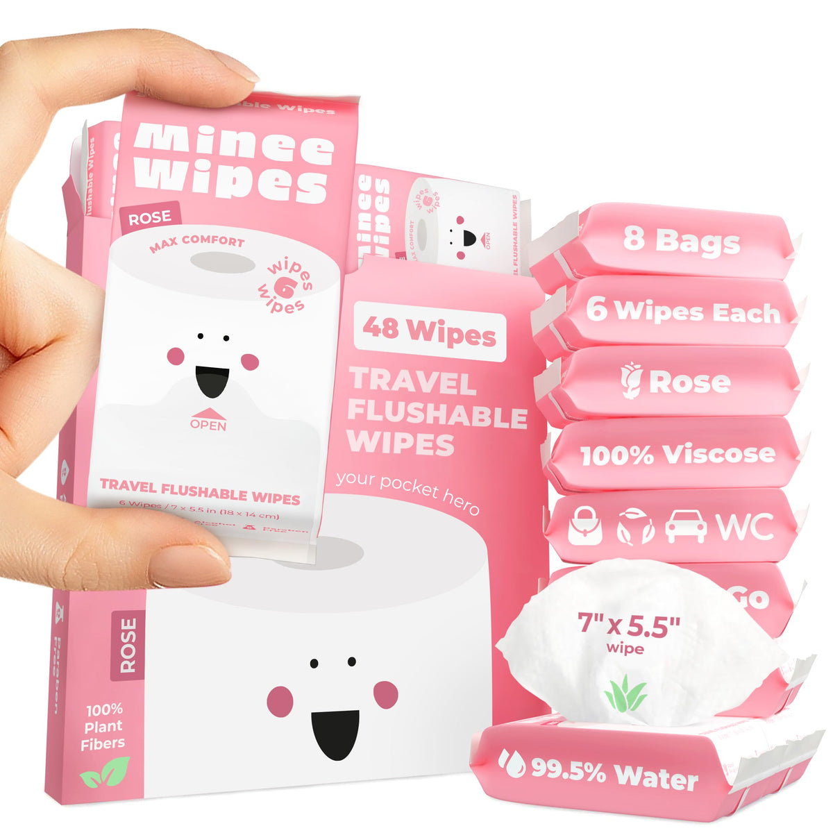 Impossibly Compact Travel Flushable Wipes - 99.5% Water and Aloe - Safe for Sensitive Skin & Hypoallergenic - Travel Essentials for Adults & Kids, Unscented, 8 Pack 48 Wipes