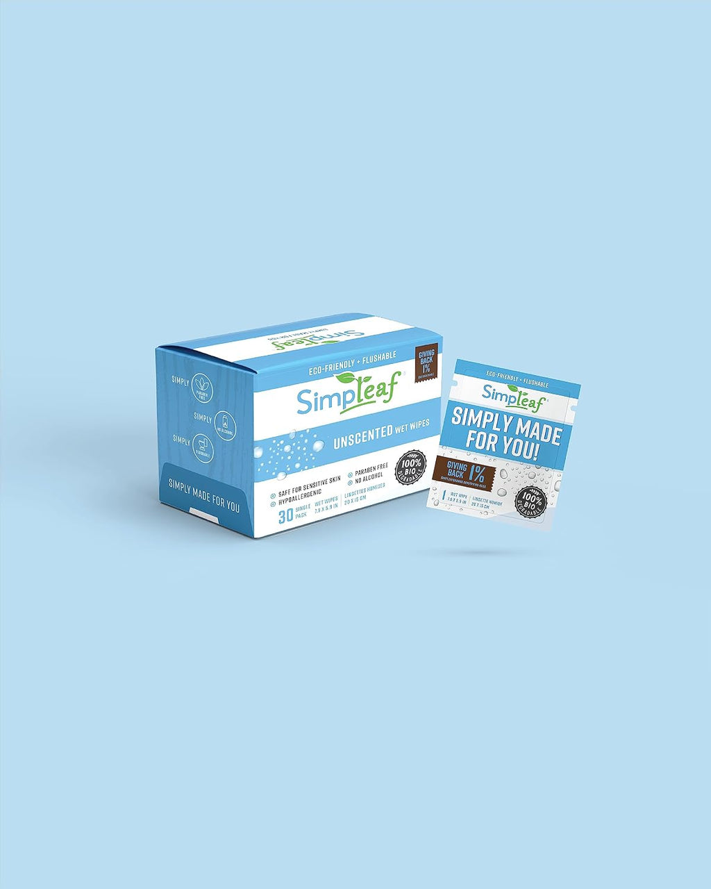 Simpleaf Flushable Unscented Single Pack Wet Wipes | Paraben & Alcohol Free | Hypoallergenic & Safe for Sensitive Skin | Soothing Aloe Vera Formula | (30 x 2 Single Pack Wipes) 60 Counts Total