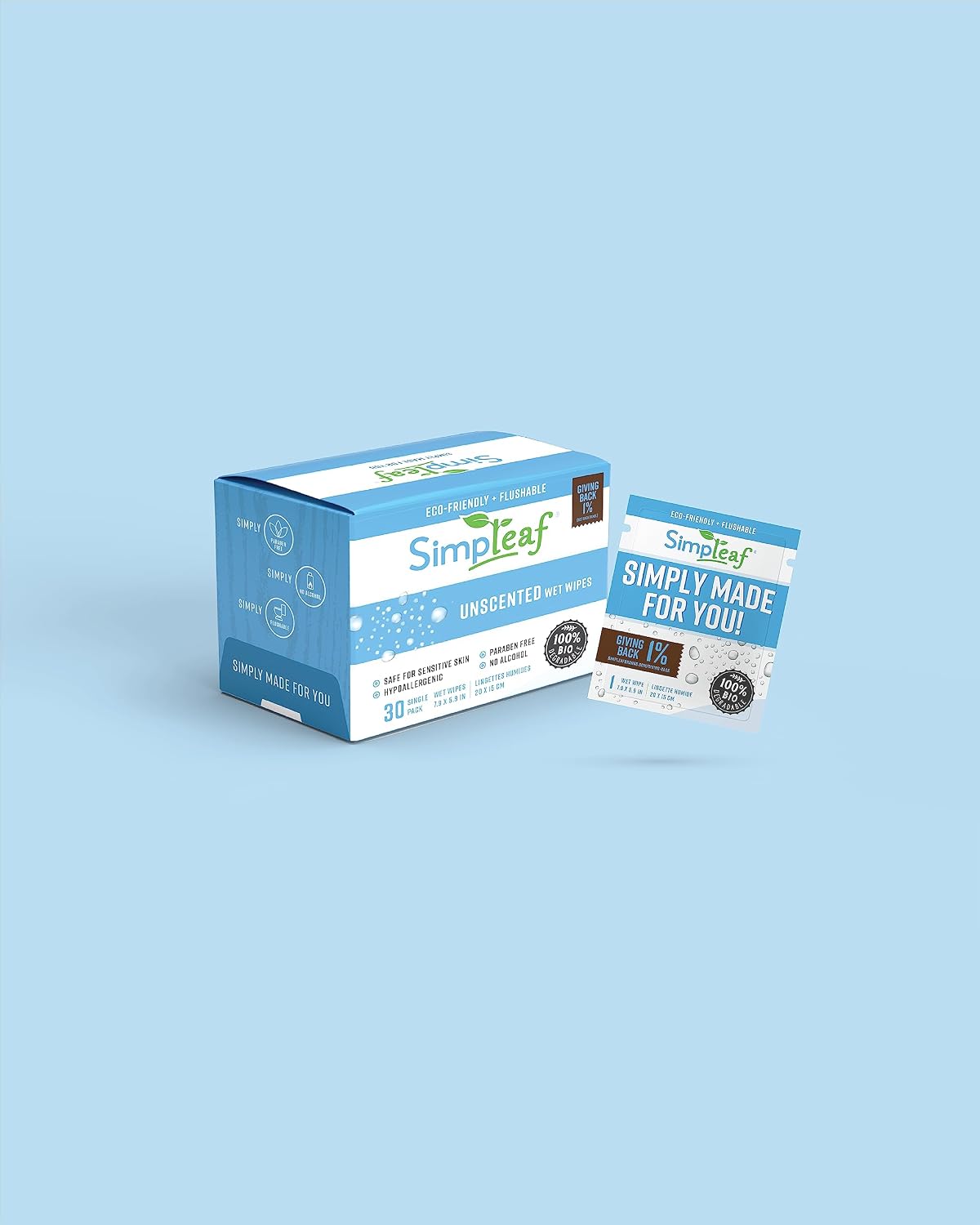 Simpleaf Flushable Unscented Single Pack Wet Wipes | Paraben & Alcohol Free | Hypoallergenic & Safe for Sensitive Skin | Soothing Aloe Vera Formula | (30 x 2 Single Pack Wipes) 60 Counts Total