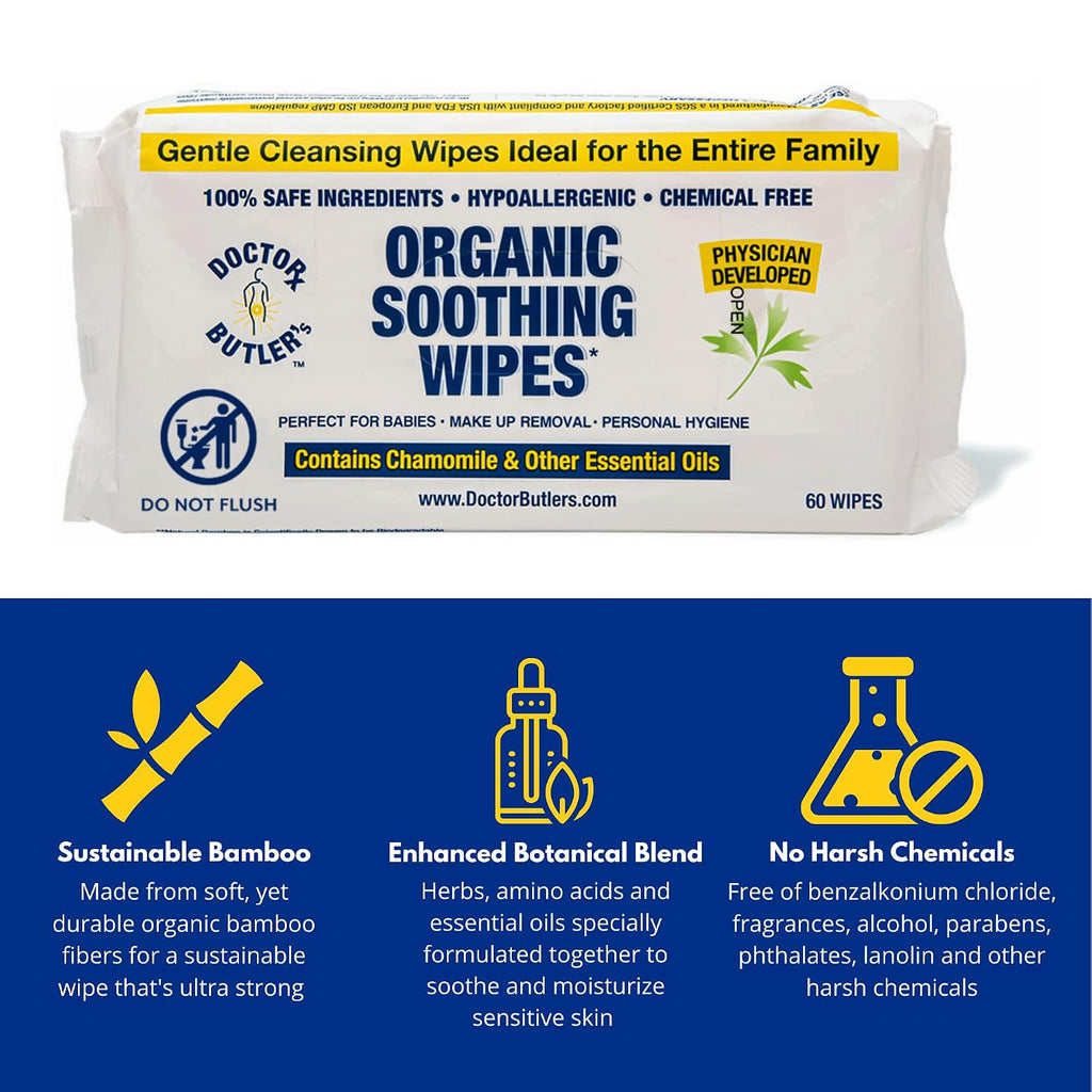 Doctor Butler's Soothing All-Purpose Wet Wipes for Sensitive Skin, Made with Organic Bamboo, Face Wipes, and Bathroom Cleanup with Chamomile and Essential Oils* (1 Pack - 60 Count)