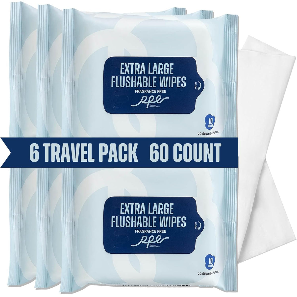 RPE Life Flushable Wet Wipes - 6 Portable Travel Size Packs (60 Ct) - Unscented Extra-Large Body & Hand Tissue with Vitamin E & Aloe - For Adults, Kids & Children - Perfect for On-the-Go & Outdoor Use