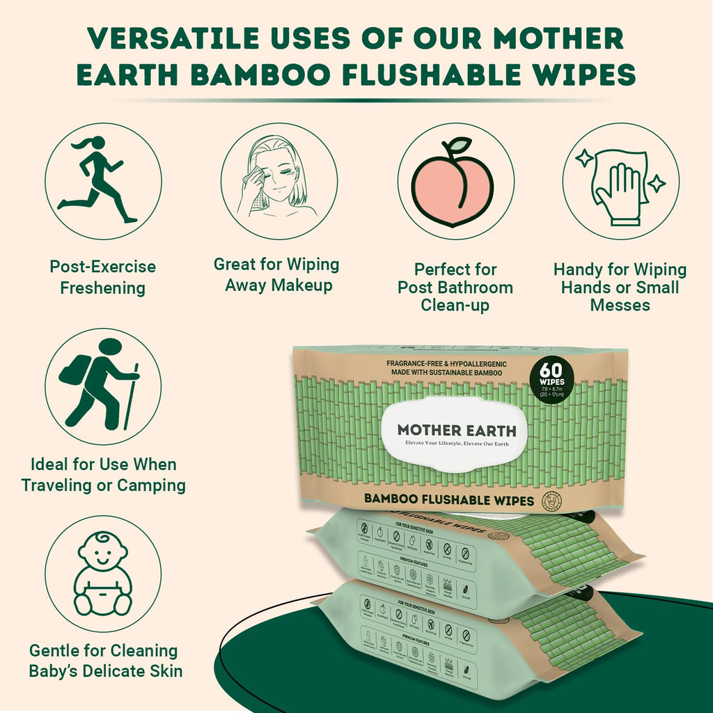MOTHER EARTH Bamboo Flushable Wipes for Sensitive Skin, Septic Safe, Hypoallergenic, Unscented Toilet Wipes (Pack of 3, Total of 180 Flushable Wipes)