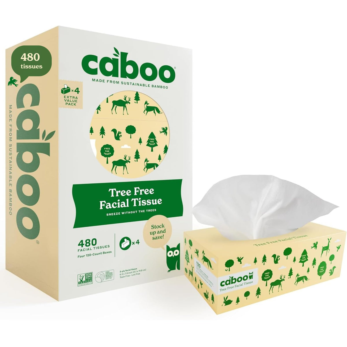 Caboo Tree Free Facial Tissues, 60 Tissues Per Box, 360 Total
