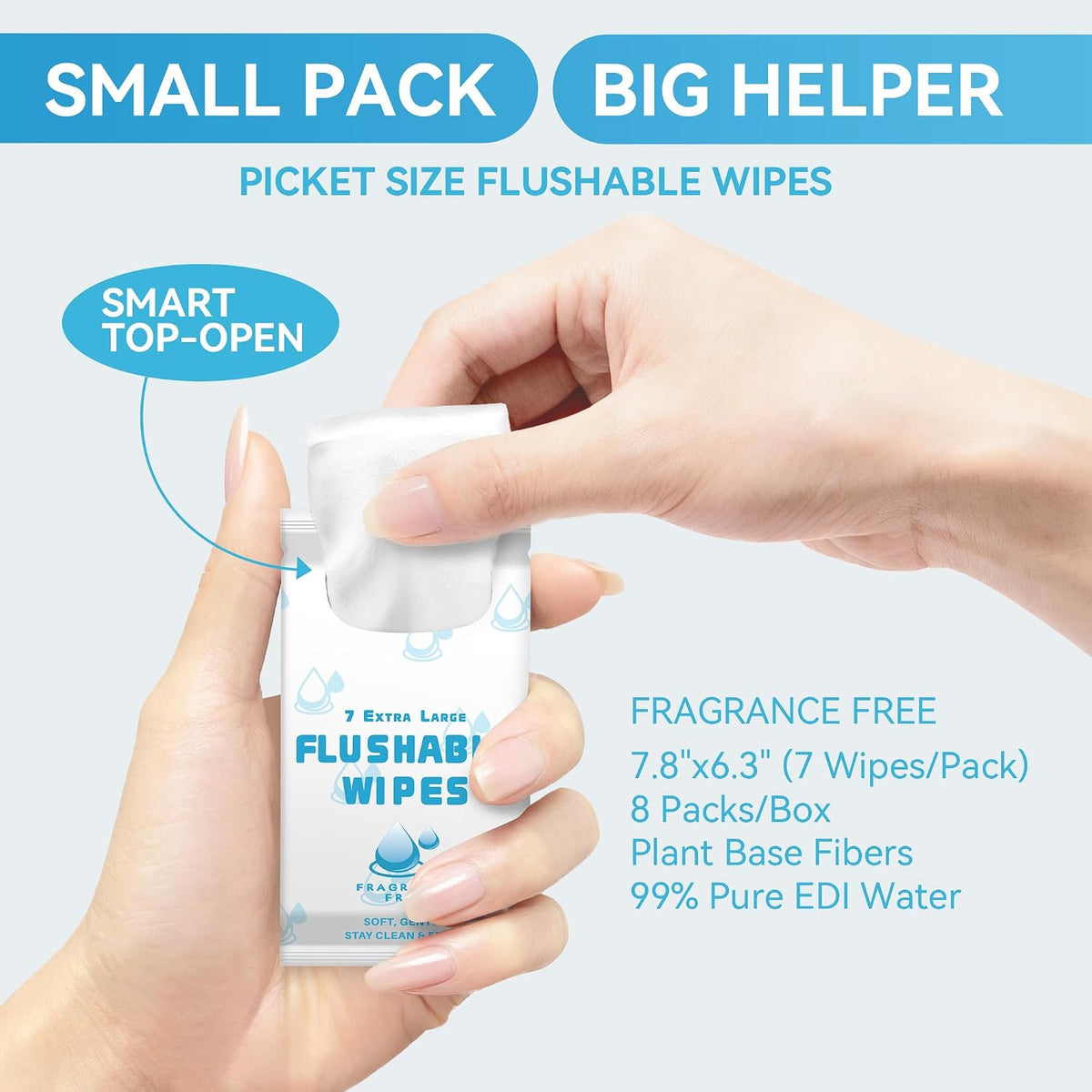 WONDERFUL Travel Flushable Wipes, 8 Mini Packs, Unscented Plant-Based Wet Wipes for Adults & Kids, Septic Safe, Gentle for Sensitive Skin & Hypoallergenic (Total 56 Wipes)