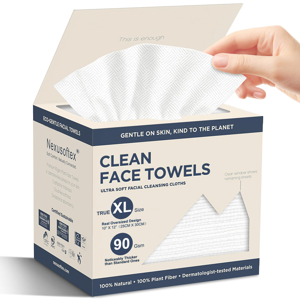 Premium Disposable Face Towels, 10"x12" XL, 90gsm Ultra-Thick 100% USDA Biobased Facial Towel, Gentle for All Skin Types, Magnetic Closure Box with Visibility Window (1 pack of 50ct)