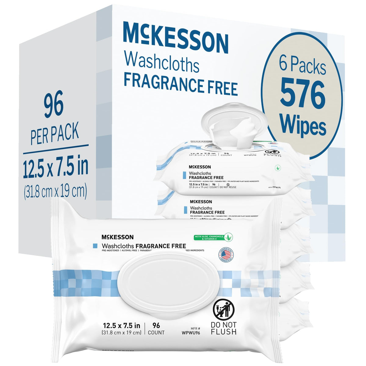 McKesson Disposable Wipe 12 Pack, 600 Washcloths - Large Adult Body and Incontinence Washcloths with Aloe and Vitamin E, Alcohol-Free, 50 Wipes Per Pack
