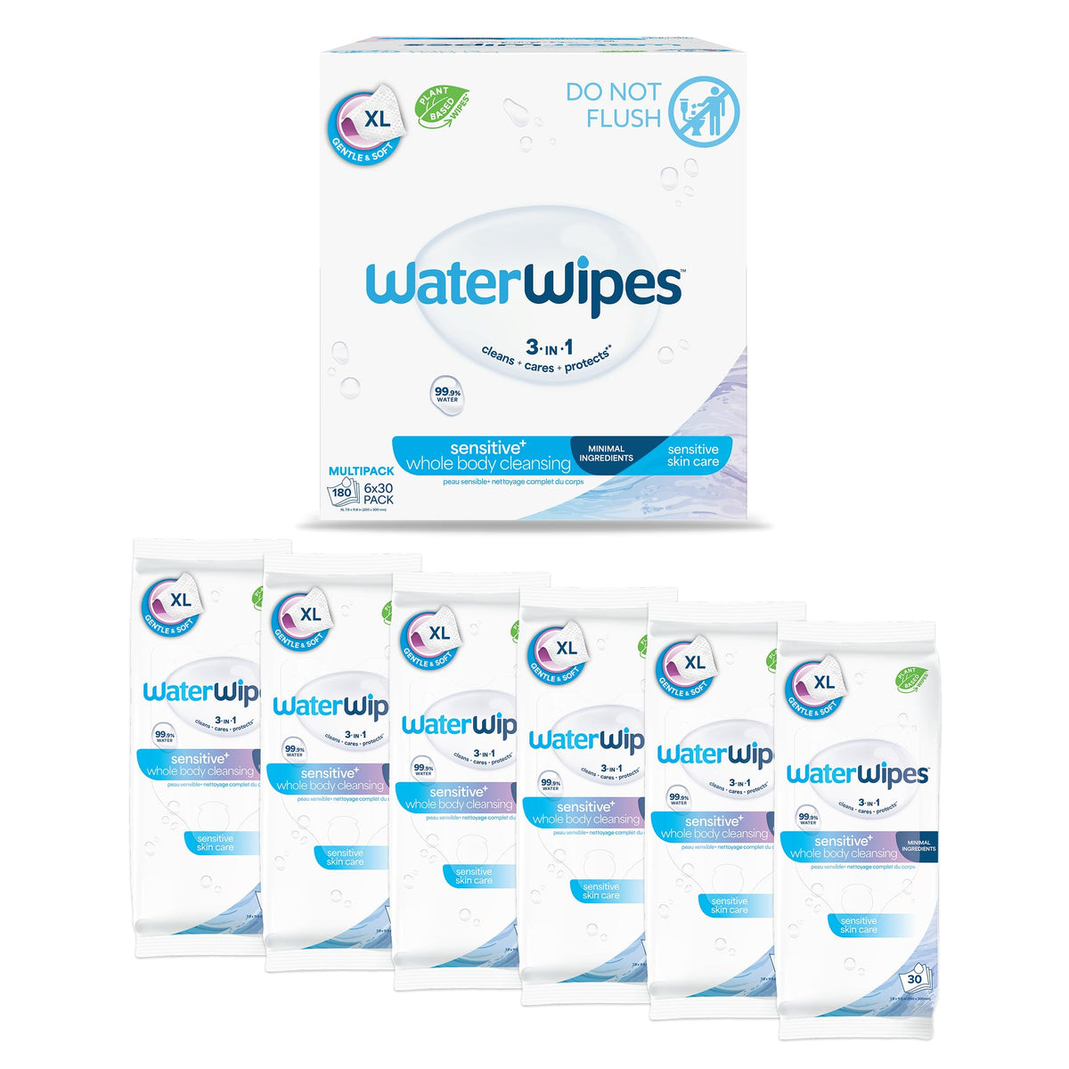 WaterWipes Sensitive Whole Body Cleansing Wipes, 99.9% Purified Water, XL Textured Wipes, Incontinence Care, Fragrance Free, 90 Count