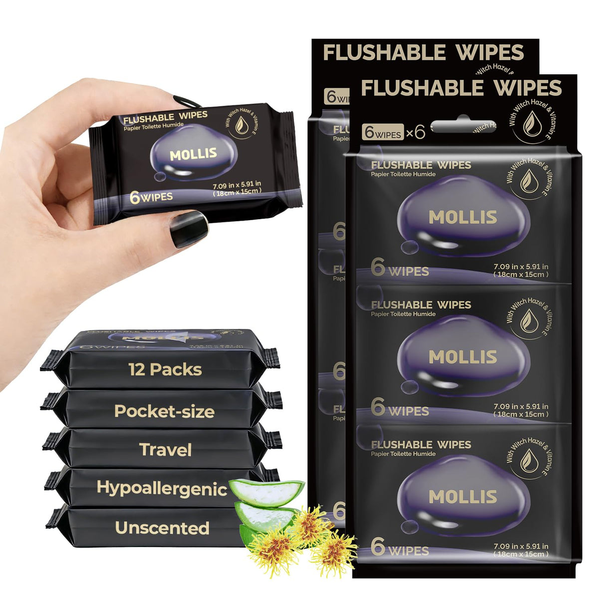 MOLLIS Witch Hazel Flushable Wipes for Adults, Extra Large, 60 Count