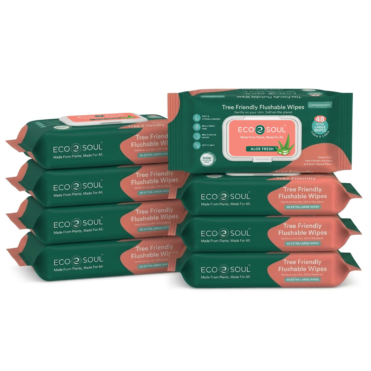 ECO SOUL Bamboo Flushable Wipes, (4 Pack, 48 Wipes Each, Aloe Vera)