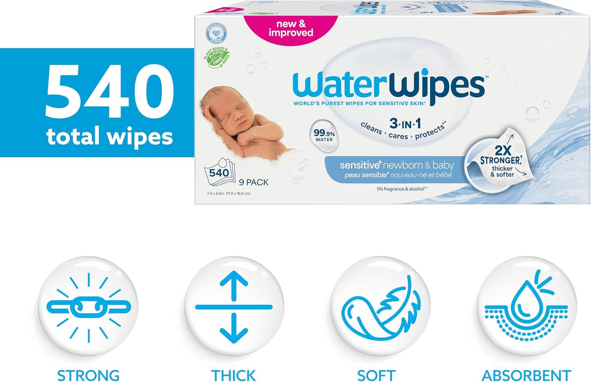 WaterWipes Sensitive+ Newborn & Baby Wipes, 3-In-1 Cleans, Cares, Protects, 99.9% Water, Unscented & Hypoallergenic, 540 Count (9 Packs)