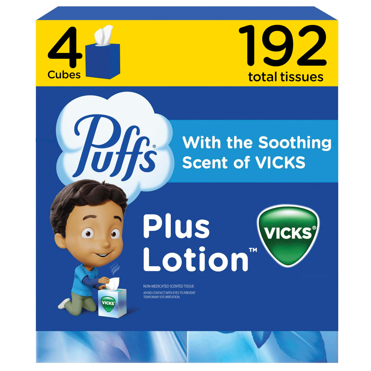 Puffs Plus Lotion with Vicks Facial Tissues, 4 Cubes, 48 Tissues per Box (192 Tissues) [Packaging May Vary]
