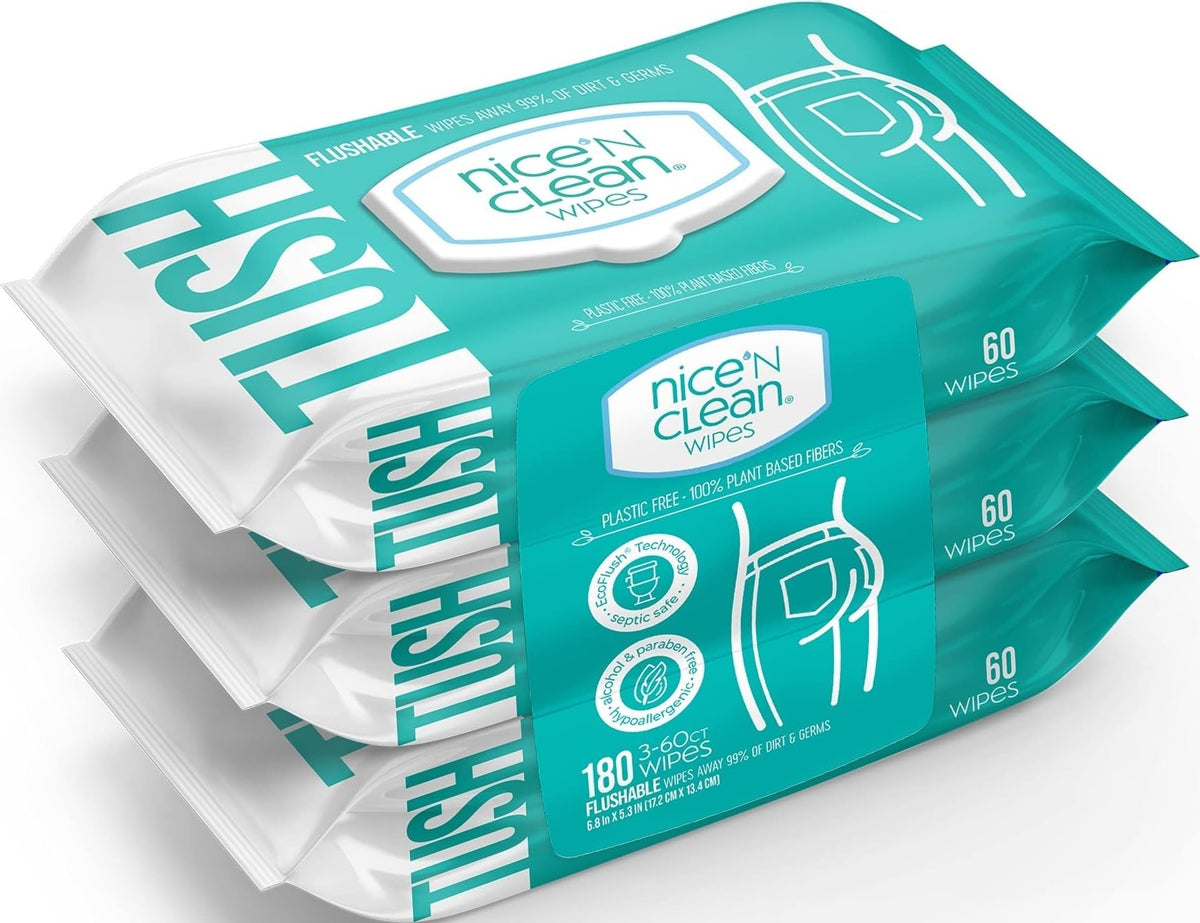 Nice 'N Clean Adult Flushable Wipes (8 x 42 Count) | Personal Cleansing Wipes Made from Plant-Based Fibers | Infused with Aloe & Vitamin E