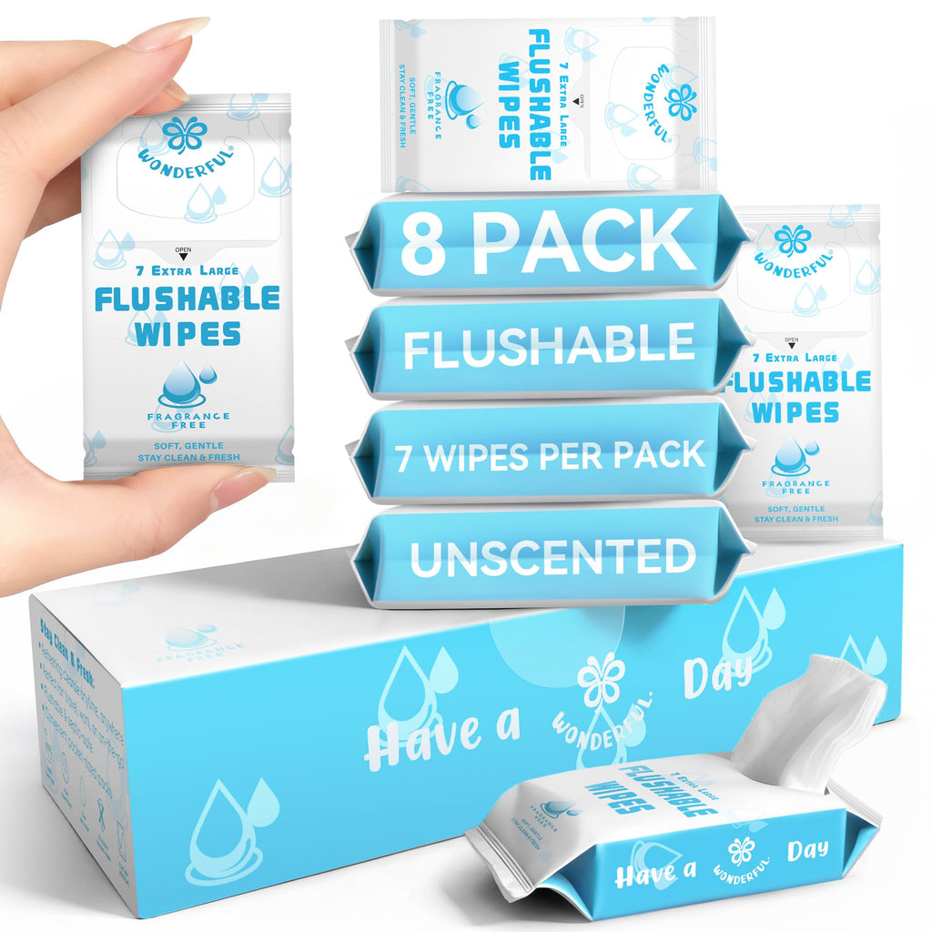 WONDERFUL Travel Flushable Wipes, 8 Mini Packs, Unscented Plant-Based Wet Wipes for Adults & Kids, Septic Safe, Gentle for Sensitive Skin & Hypoallergenic (Total 56 Wipes)