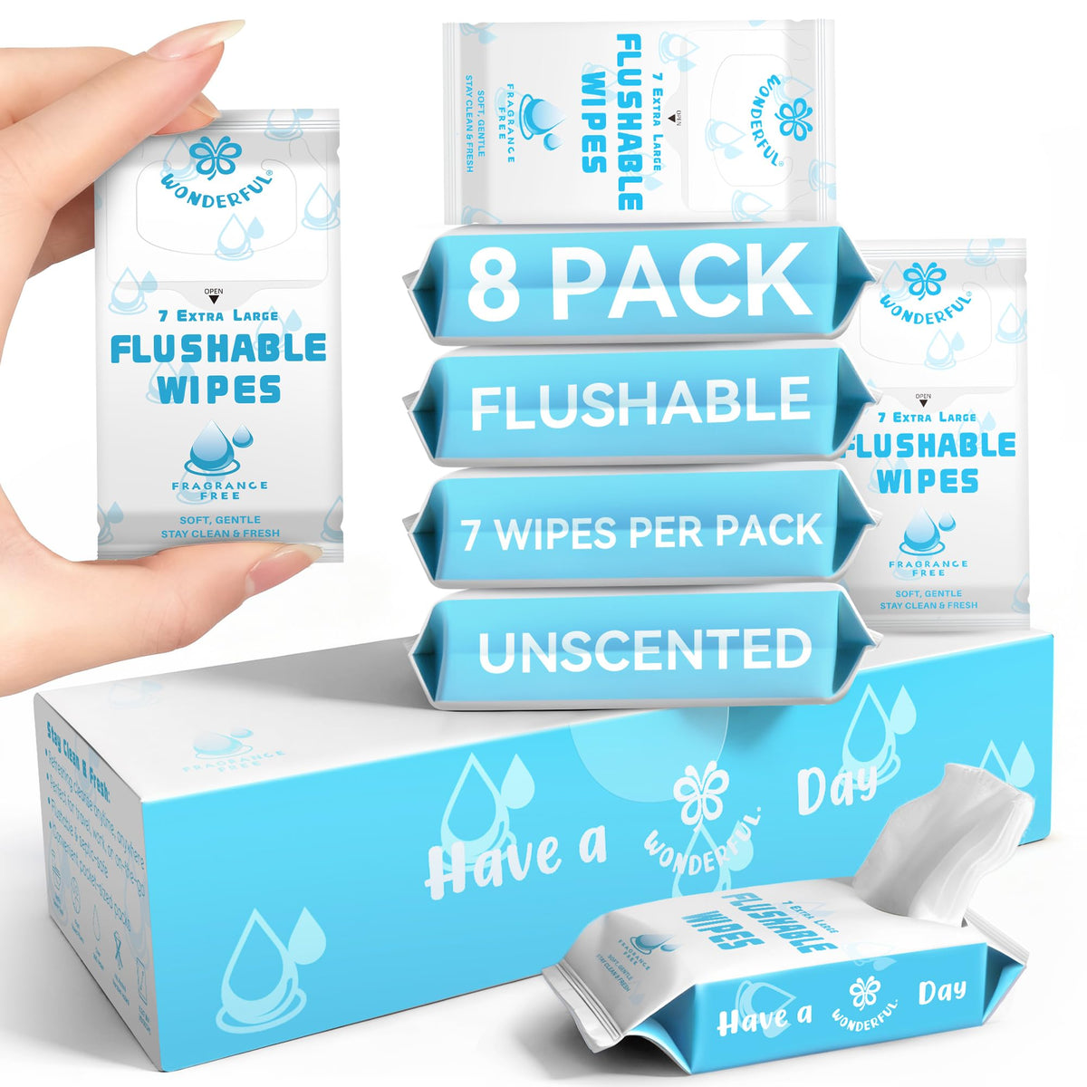 WONDERFUL Travel Flushable Wipes, 8 Mini Packs, Unscented Plant-Based Wet Wipes for Adults & Kids, Septic Safe, Gentle for Sensitive Skin & Hypoallergenic (Total 56 Wipes)