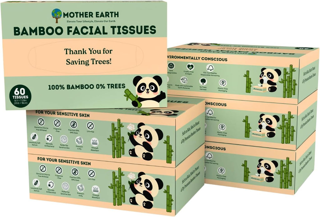 MOTHER EARTH Bamboo Facial Tissues 4 Ply, Lint Free Flat Box Tissue, Hypoallergenic, Unscented, Tree Free, Septic Safe, Gentle for Sensitive Skin, 360 Count (60 Sheets x 6 Boxes)