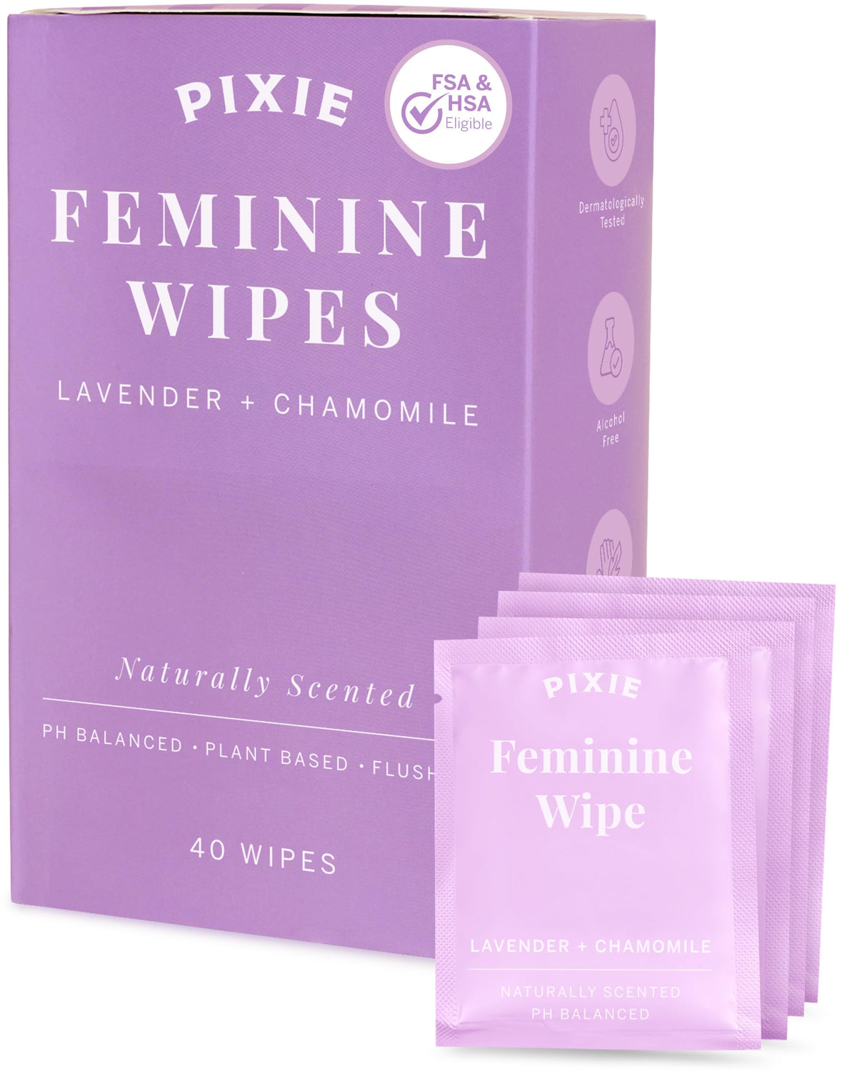 Pixie Feminine Wipes – Naturally Scented Rosewater + White Tea – Flushable, Biodegradable & pH Balanced – Individually Wrapped Wipes for On The Go – Cleaner for Menstrual Cups & Discs (20 Count)