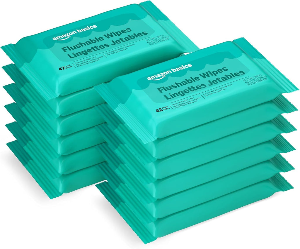 Amazon Basics Flushable Wipes, Fragrance Free, Adult Wet Wipes,126 Count (3 Packs of 42), Packaging May Vary