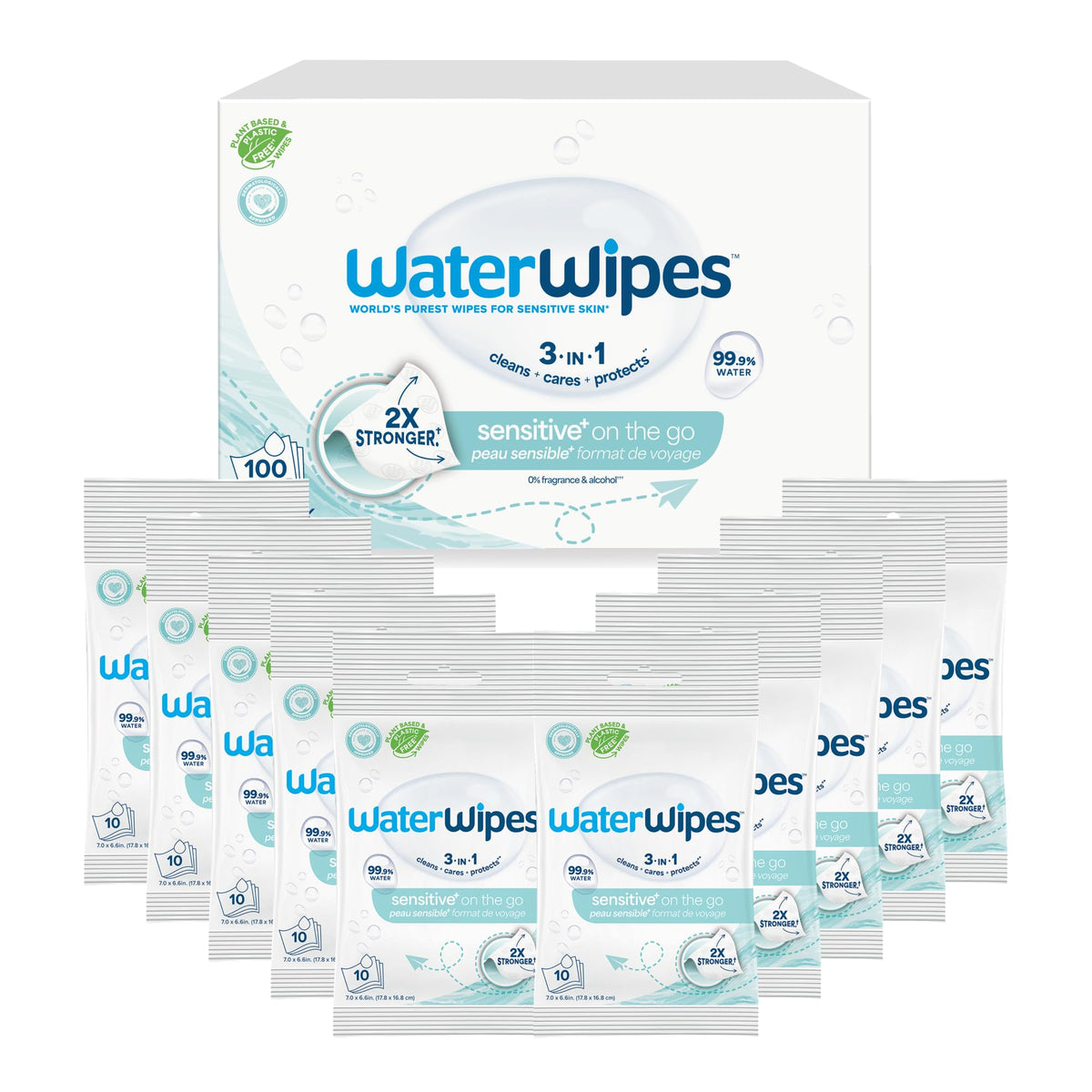 WaterWipes Sensitive+ On The Go Wipes, 3-In-1 Cleans, Cares, Protects, 99.9% Water, Unscented & Hypoallergenic Wet Wipes, 28 Count (Pack of 1)