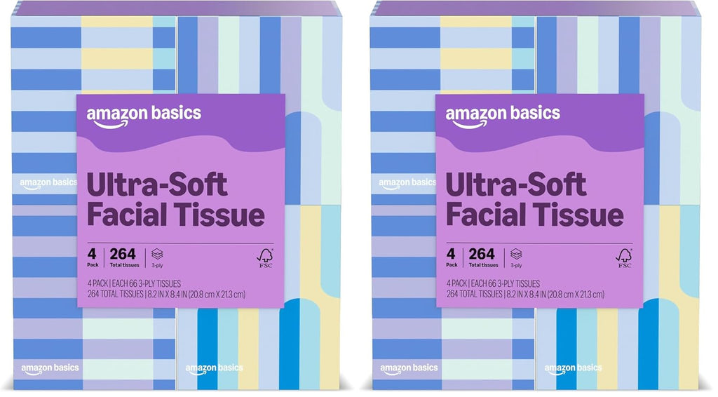 Amazon Basics Facial Tissues, 3-Ply, Ultra-Soft | Premium | 264 Count | 8 Packs (Previously Presto!)
