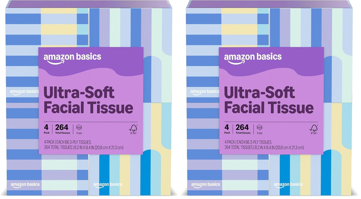 Amazon Basics Facial Tissues, 3-Ply, Ultra-Soft | Premium | 264 Count | 8 Packs (Previously Presto!)