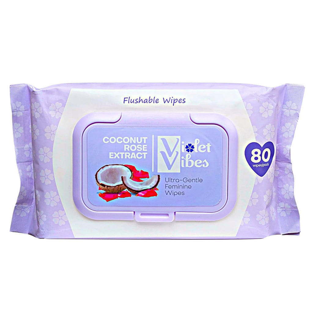 Violet Vibes Flushable Wipes for Women - Coconut Rose, 400 Count, Plant Based, Gentle on Sensitive Skin
