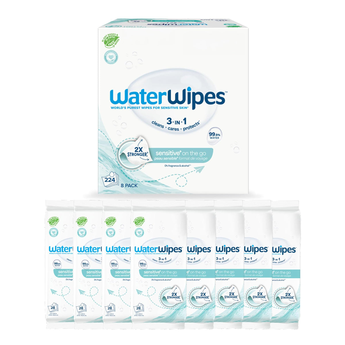 WaterWipes Sensitive+ On The Go Wipes, 3-In-1 Cleans, Cares, Protects, 99.9% Water, Unscented & Hypoallergenic Wet Wipes, 28 Count (Pack of 1)