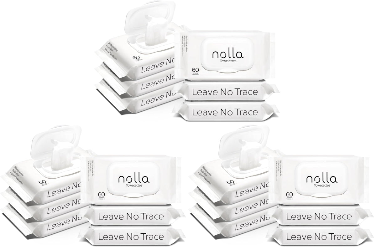 Nolla Flushable Wipes, 100% Plant-Based, Plastic-Free and Biodegradable - For Adults and Kids - Unscented + Soothing Aloe and Vitamin E 360 Count (6 Packs of 60)