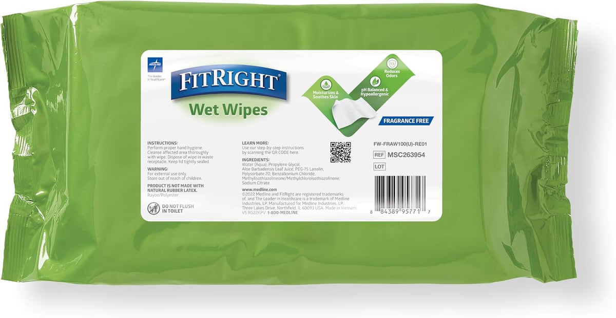 FitRight Personal Cleansing Wipes with Aloe 8x10 Unscented 600 Count