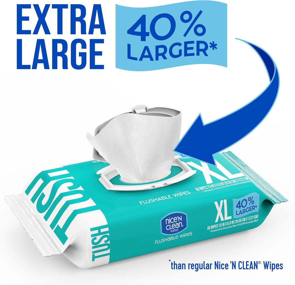 Nice 'N CLEAN Extra Large Flushable Wipes | 40% Larger Wipes | 6.8" x 7.5" Unscented XL Adult Wet Wipes | Septic and Sewer Safe | Fragrance Free, Hypoallergenic, Plant Based | 180 Butt Wipes