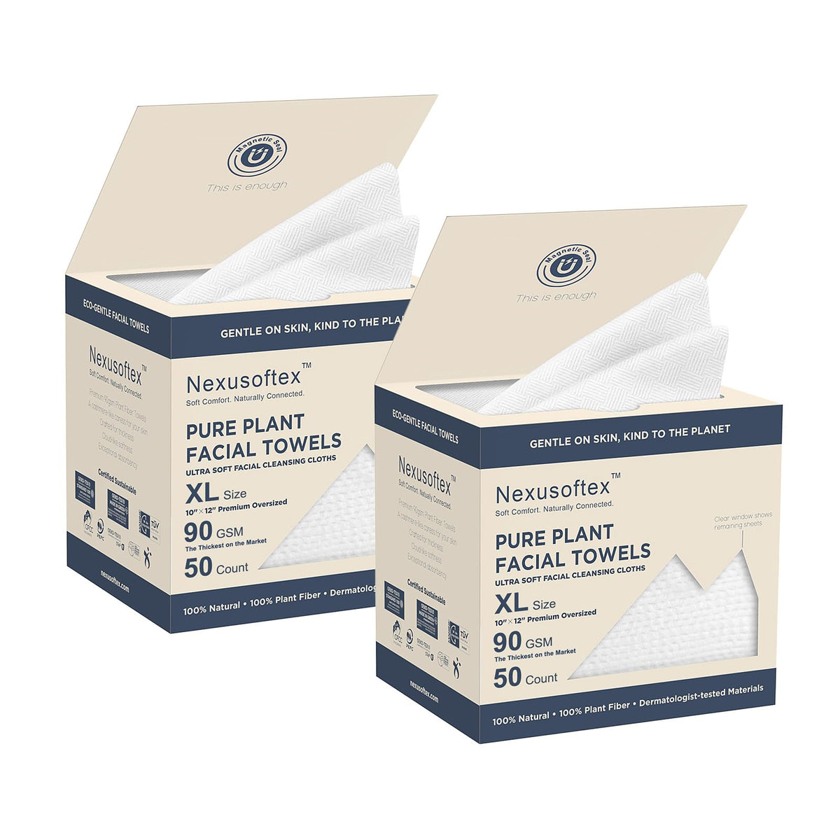 Premium Disposable Face Towels, 10"x12" XL, 90gsm Ultra-Thick 100% USDA Biobased Facial Towel, Gentle for All Skin Types, Magnetic Closure Box with Visibility Window (1 pack of 50ct)