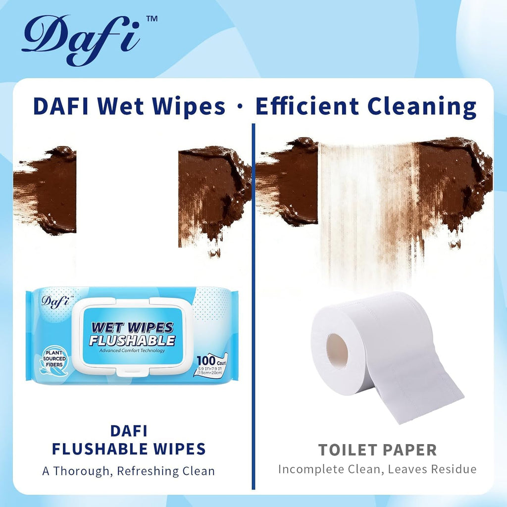 DAFI Flushable Wipes for Adult Wet Wipes, Total 600 Unscented Toilet Wipes Flushable, No Alcohol & 100% Plant Based Fibers, Septic and Sewer Safe Pack of 6