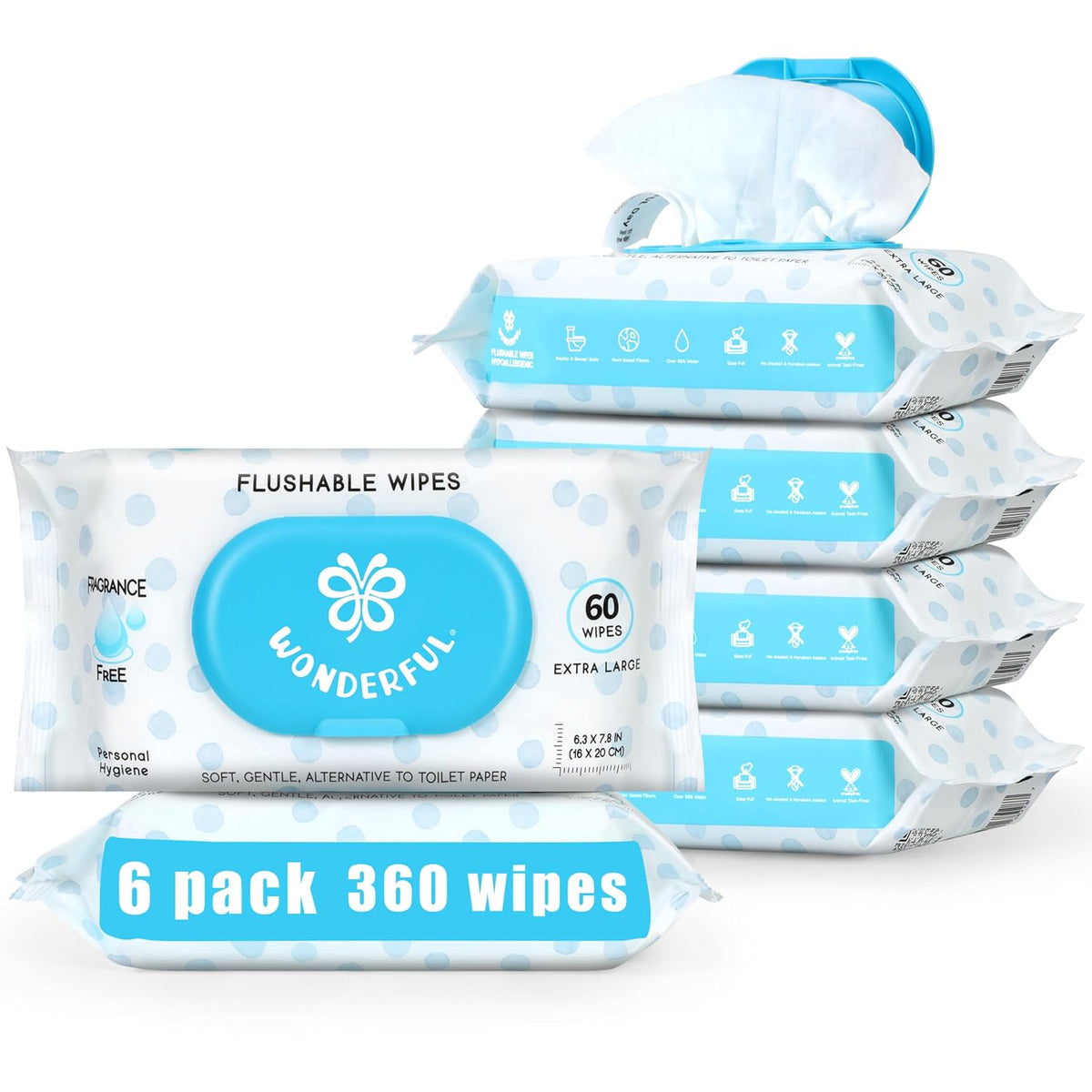 WONDERFUL Flushable Wipes, Unscented 100% Plant-Based Wet Butt Wipe for Adults & Kids, Sewer Septic Safe, Gentle for Sensitive Skin, Wipes Flushable Pack for Bathroom & Travel, 6-Pack (360 Count)