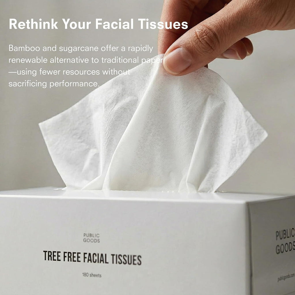 Public Goods Tree-Free Tissues | Bamboo and Sugarcane Facial Tissues | Soft 2-Ply Sheets for Sensitive Skin | Biodegradable, BPA-Free, and Eco-Friendly | 180 Sheets per Box