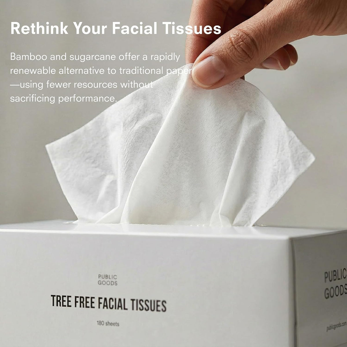 Public Goods Tree-Free Tissues | Bamboo and Sugarcane Facial Tissues | Soft 2-Ply Sheets for Sensitive Skin | Biodegradable, BPA-Free, and Eco-Friendly | 180 Sheets per Box