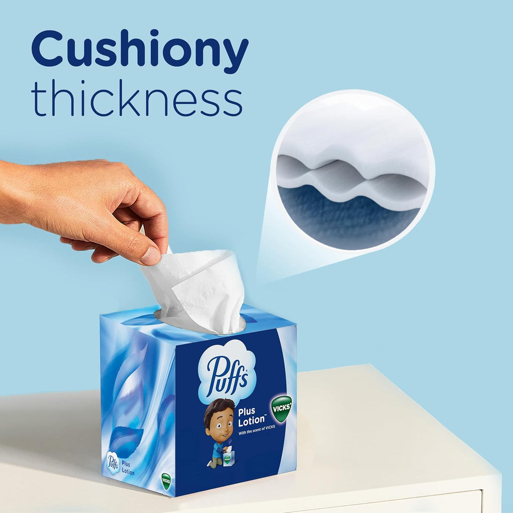 Puffs Plus Lotion with Vicks Facial Tissues, 4 Cubes, 48 Tissues per Box (192 Tissues) [Packaging May Vary]