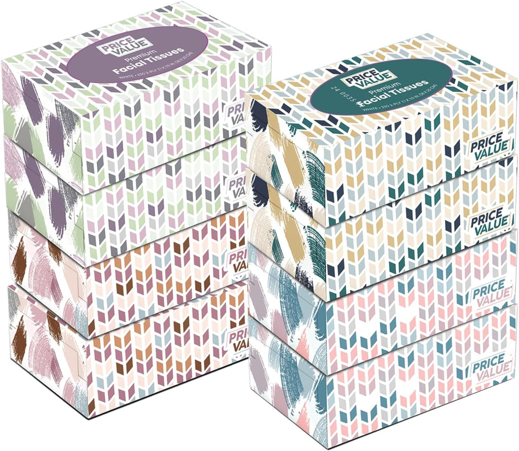 Price Value Facial Tissues Boxes Bulk, Soft 2-Ply, 230 Sheets, 8 Pack