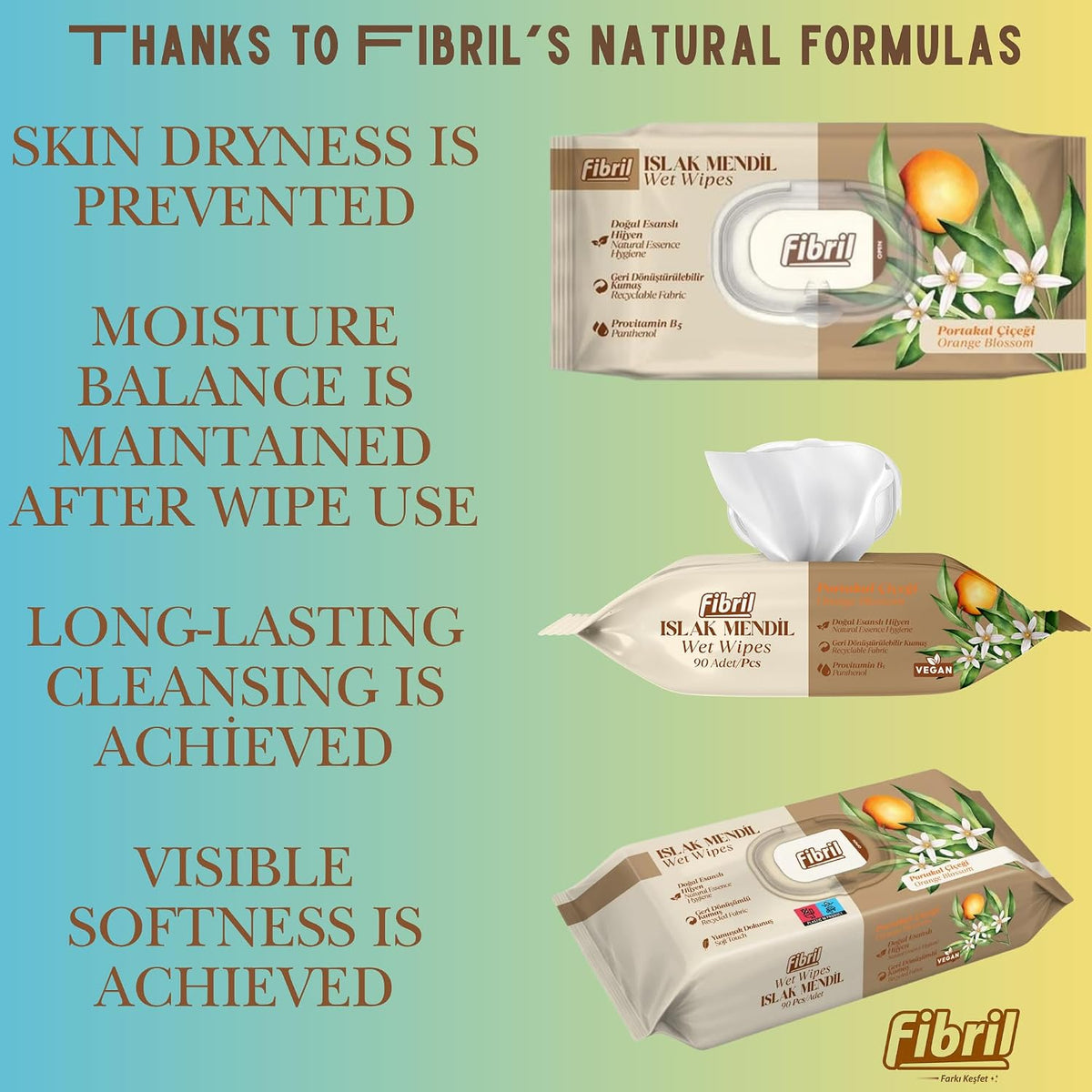 Fibril Multi-Purpose Wet Wipes – Gentle on Sensitive Skin, Paraben & Alcohol-Free, Resealable Flip-Top Lid | Daily Cleansing Wipes for Body, Hand & Face | Orange Blossom (1 Pack, 90 Count)
