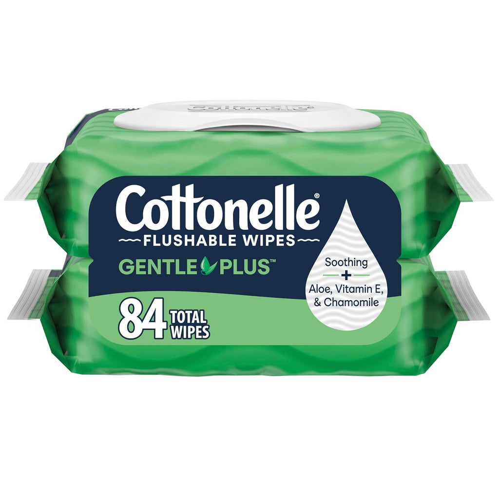 Cottonelle GentlePlus Flushable Wet with Aloe & Vitamin E, 2 Flip-Top Packs with 42 Wipes Each, 84 Total, Packaging May Vary