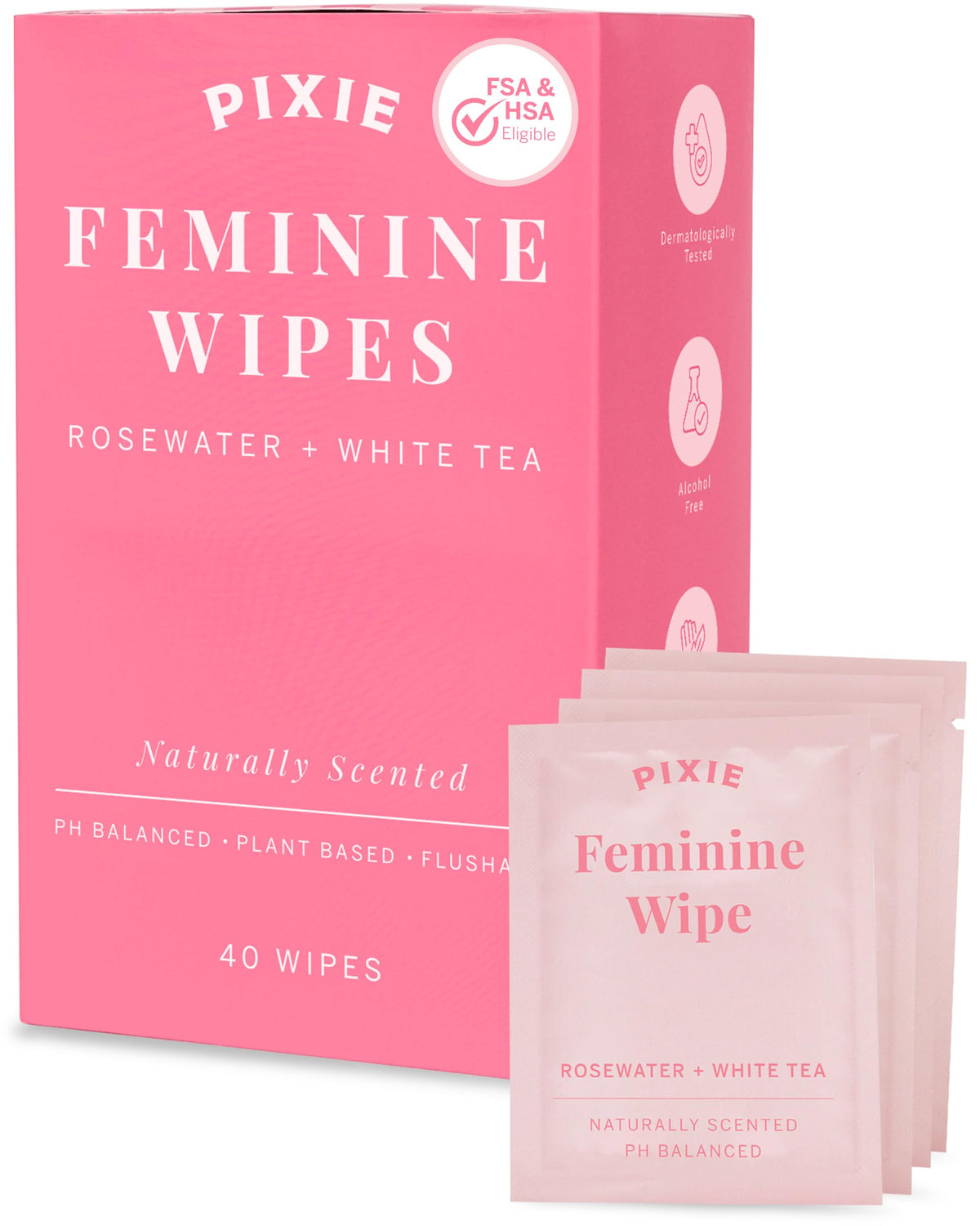 Pixie Feminine Wipes – Naturally Scented Rosewater + White Tea – Flushable, Biodegradable & pH Balanced – Individually Wrapped Wipes for On The Go – Cleaner for Menstrual Cups & Discs (20 Count)