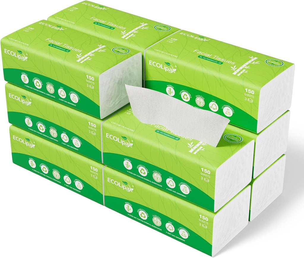 ECOLipak Bamboo Facial Tissues, 12 Packs, 1800 Sheets Total, 3-Ply