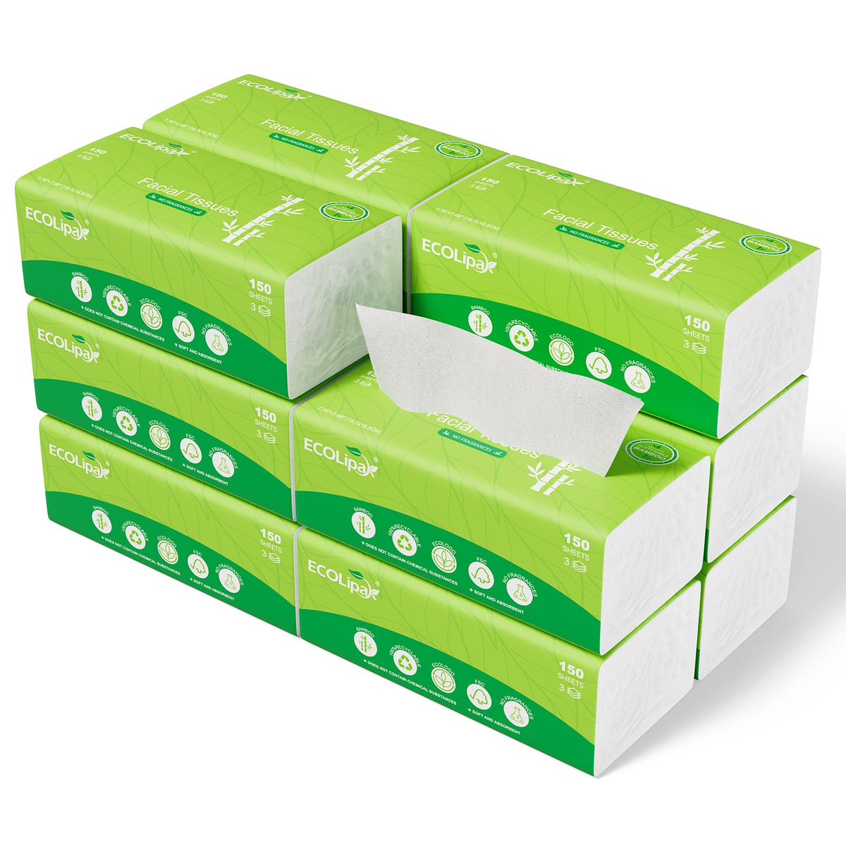 ECOLipak Bamboo Facial Tissues, 12 Packs, 1800 Sheets Total, 3-Ply