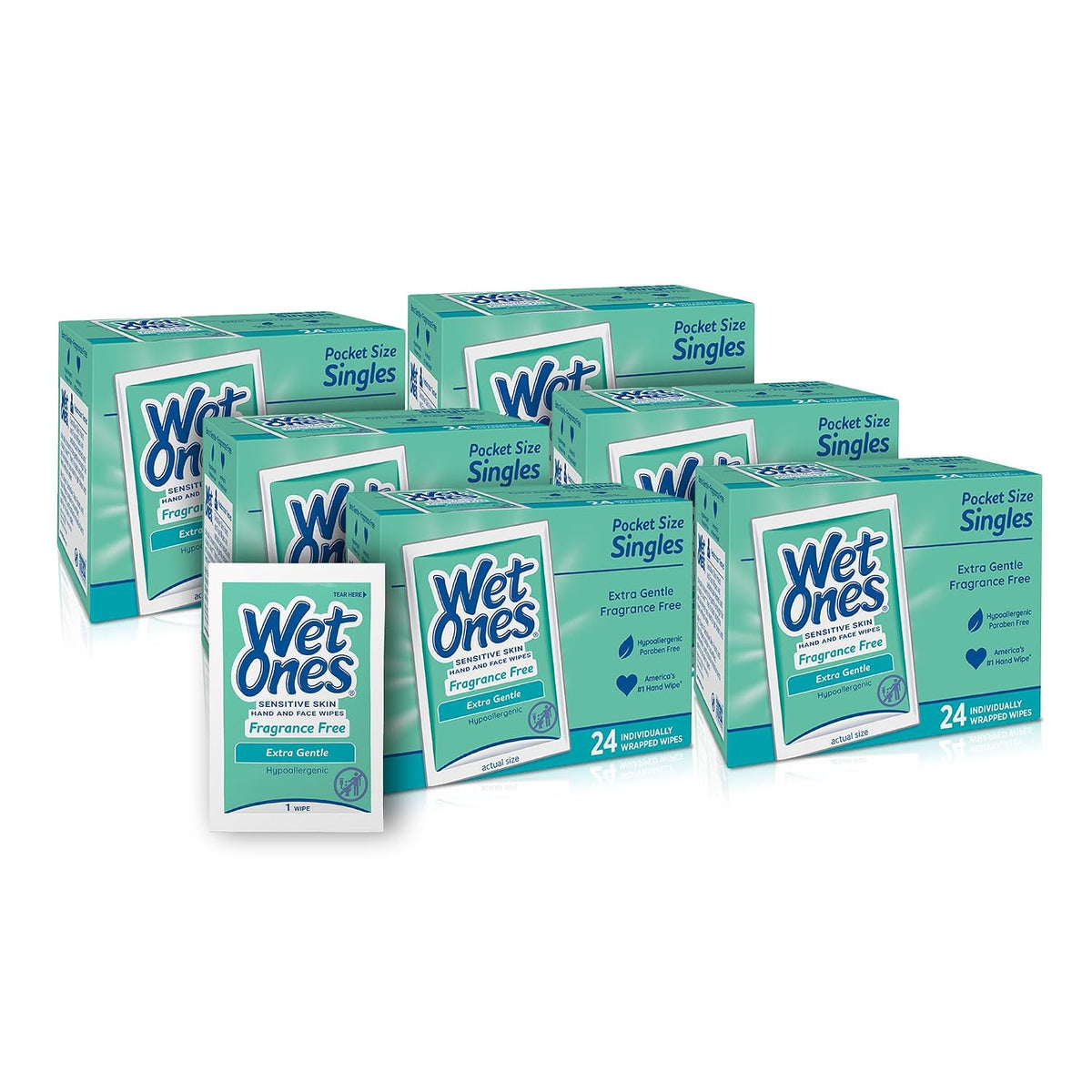 Wet Ones Singles Hand Wipes, Sensitive Skin, Unscented, 24 ct (6 Pack)