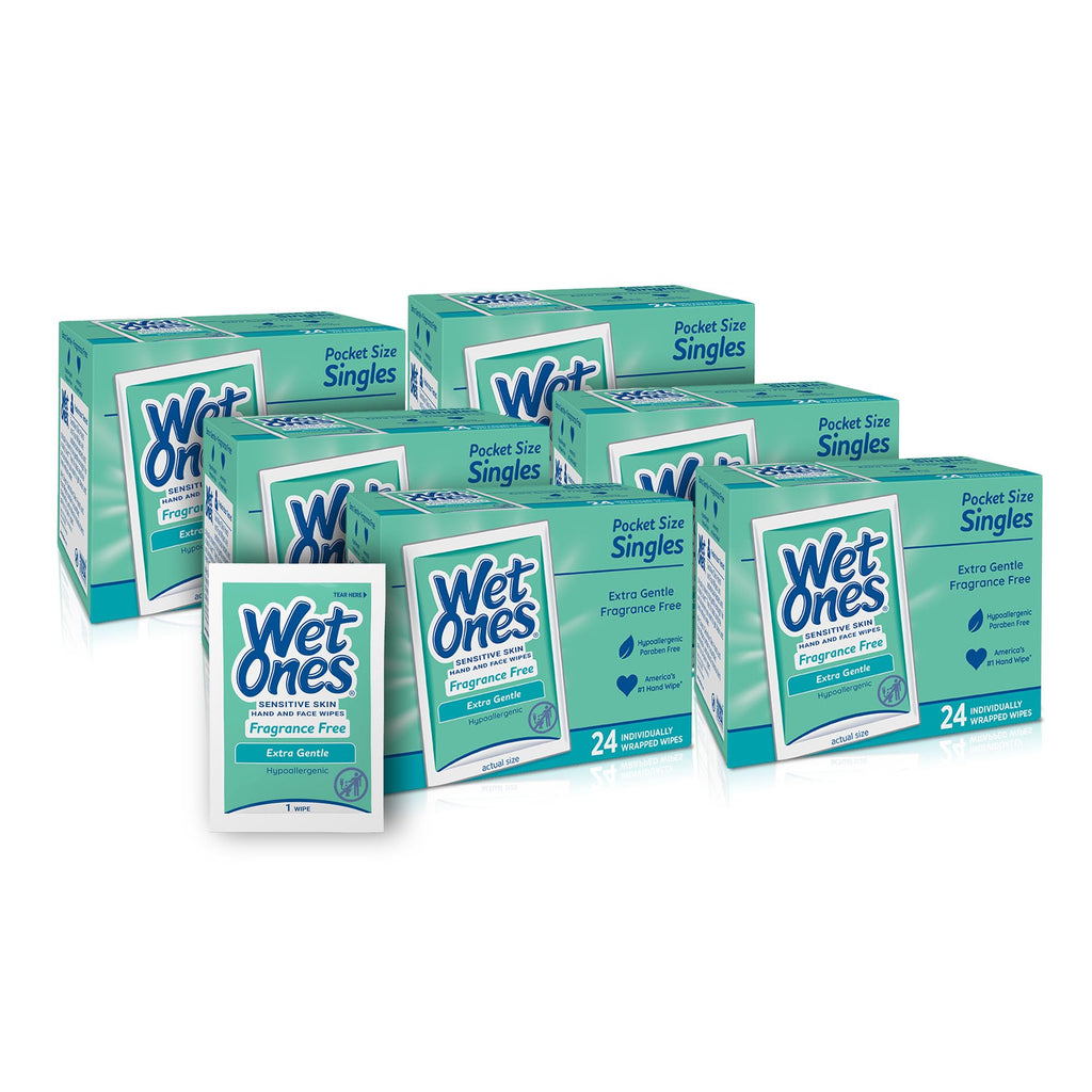 Wet Ones Singles Hand Wipes, Sensitive Skin, Unscented, 24 ct (6 Pack)
