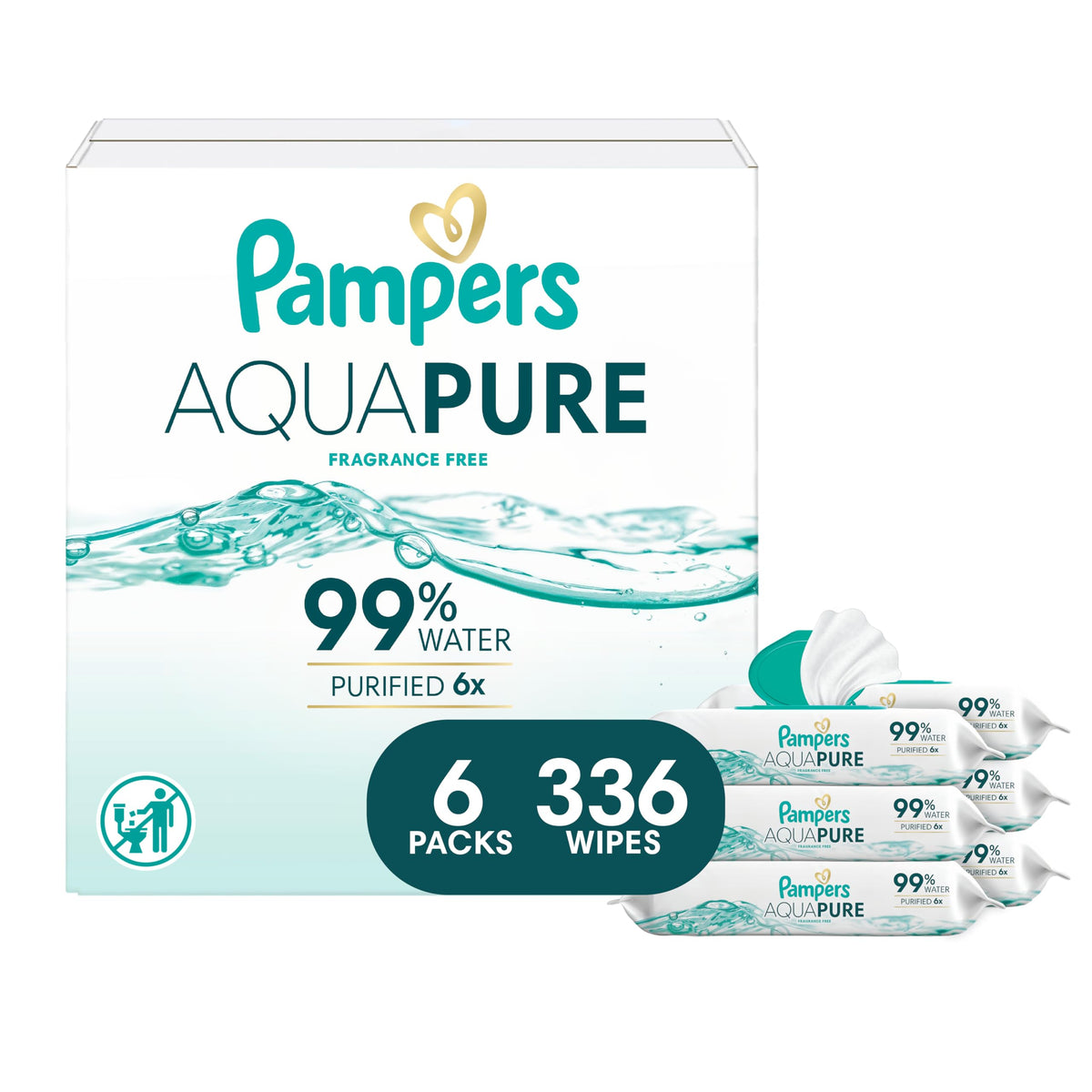 Pampers Aqua Pure Baby Wipes, 99% Water, Fragrance Free, Unscented, Water Based, Multi-Use, 672 Wipes Total (12X Flip-Top Packs) [Packaging May Vary]