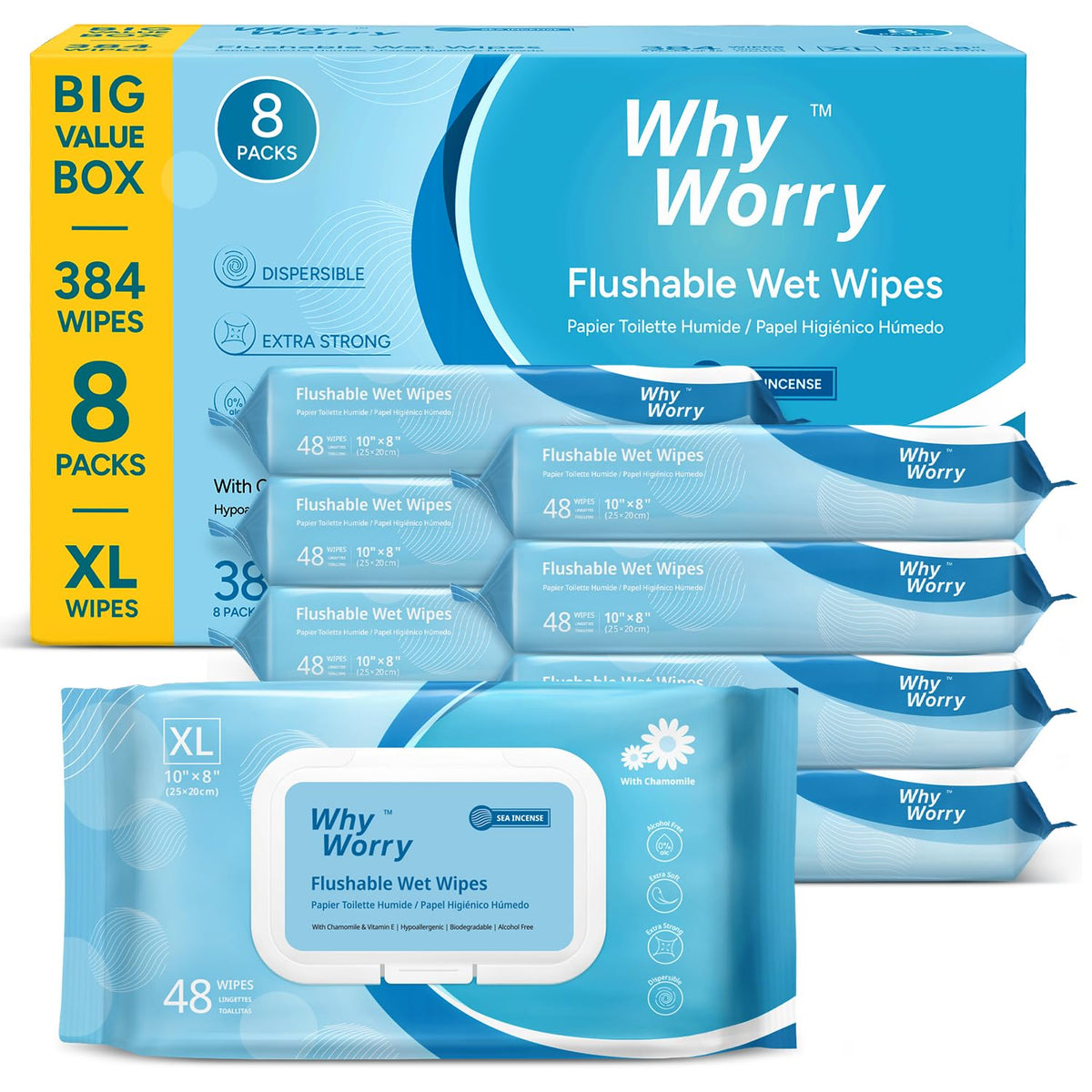WhyWorry Flushable Wipes for Adults, Sea Incense, 8" x 10", 144 Count