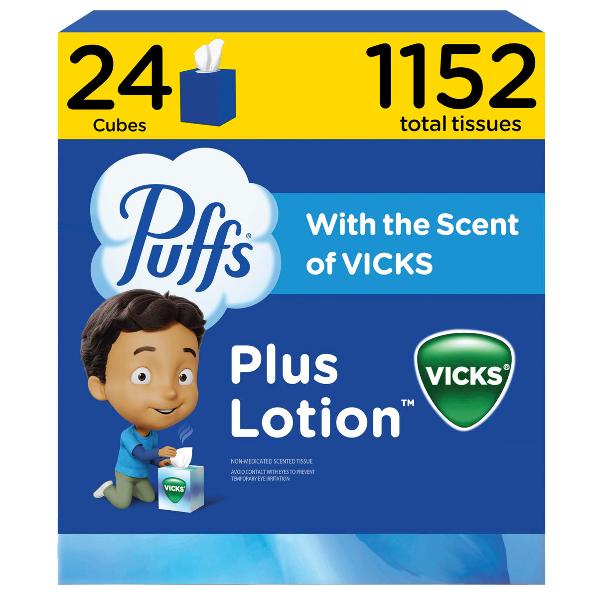Puffs Plus Lotion with Vicks Facial Tissues, 4 Cubes, 48 Tissues per Box (192 Tissues) [Packaging May Vary]