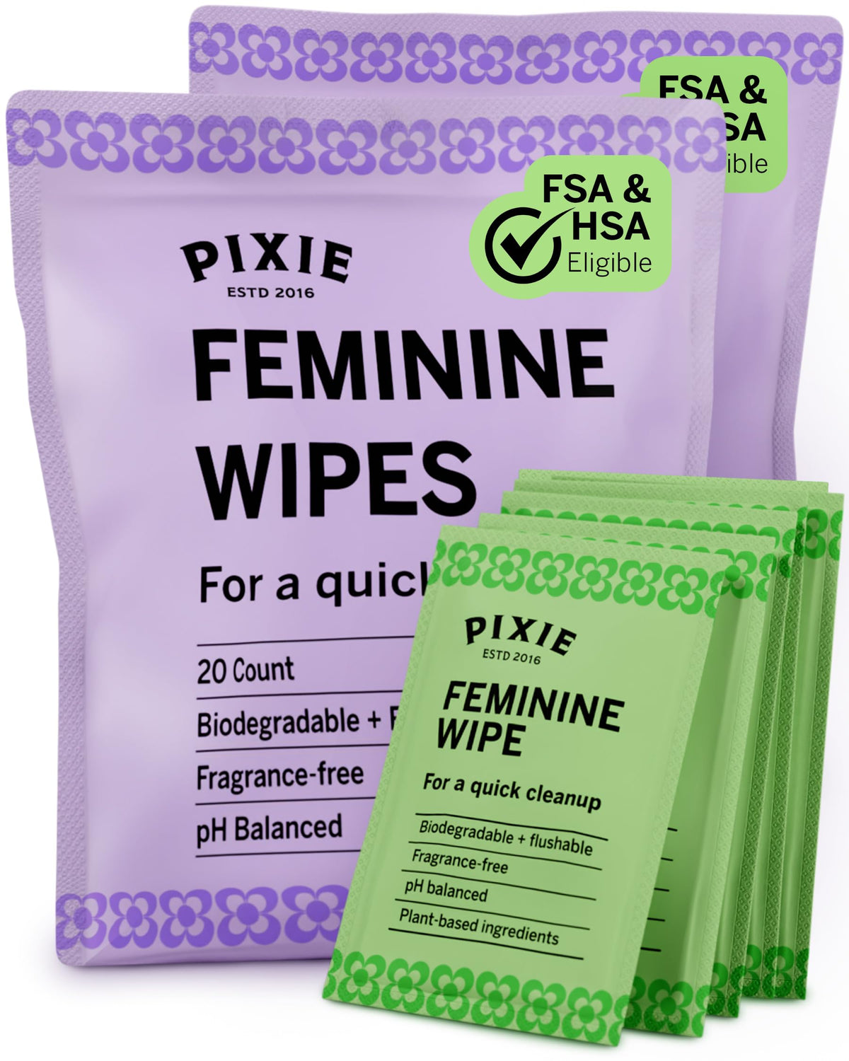 Pixie Feminine Wipes – Naturally Scented Rosewater + White Tea – Flushable, Biodegradable & pH Balanced – Individually Wrapped Wipes for On The Go – Cleaner for Menstrual Cups & Discs (20 Count)