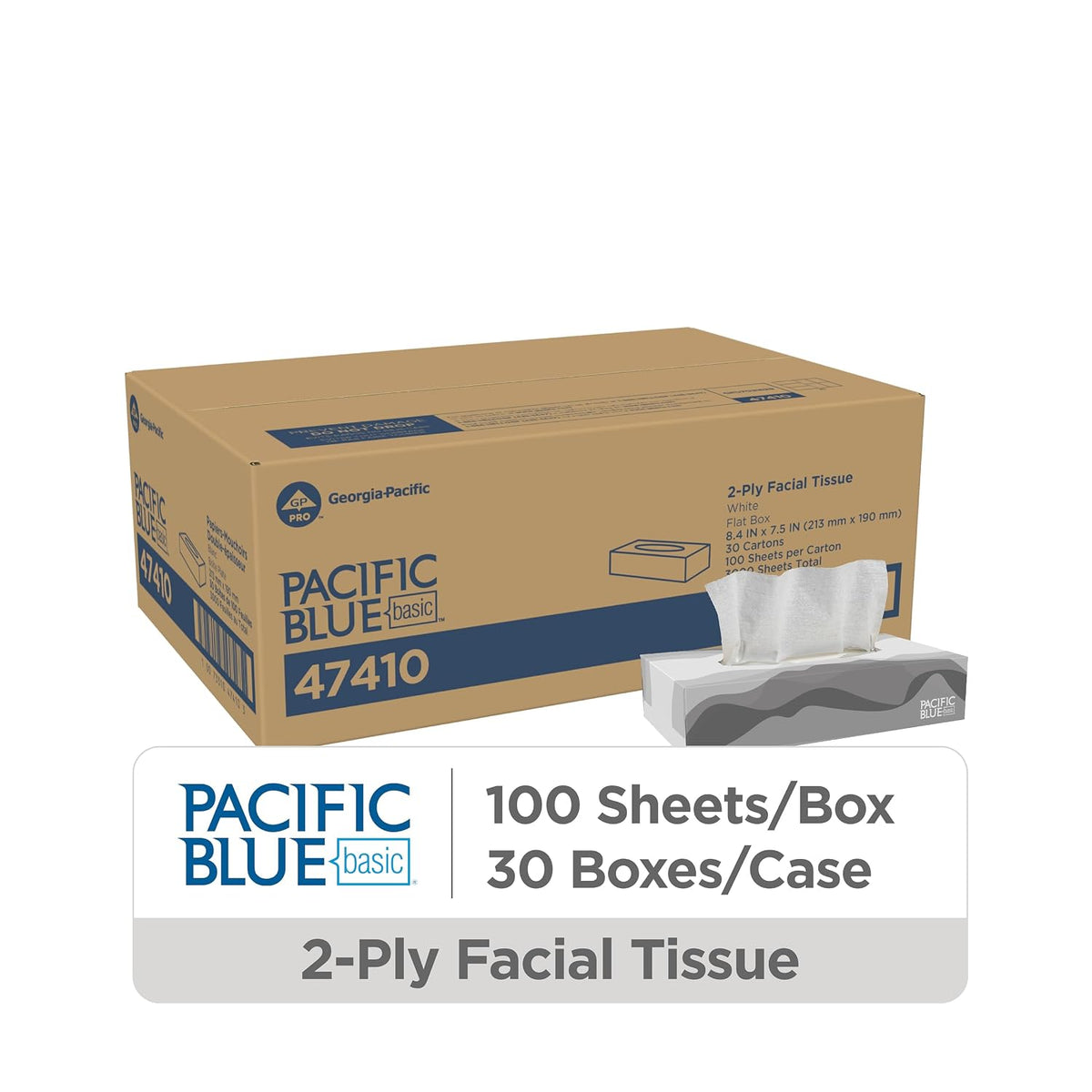 Georgia-Pacific Pacific Blue Basic 2-Ply Facial Tissue (47410), 100 Sheets Per Box, 30 Flat Boxes Per Bulk Case