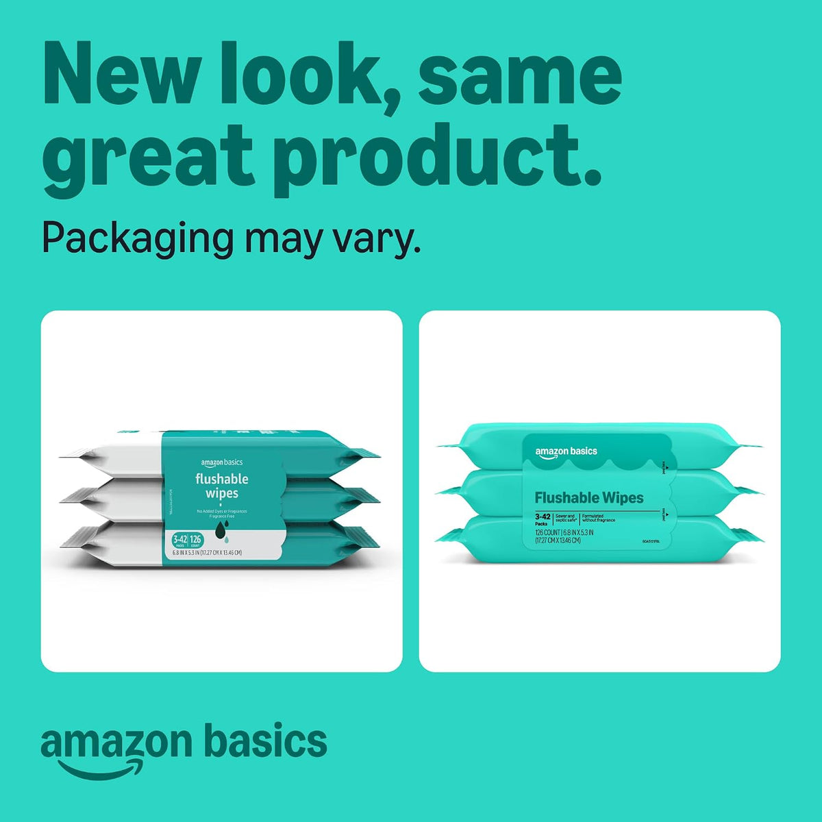Amazon Basics Flushable Wipes, Fragrance Free, Adult Wet Wipes,126 Count (3 Packs of 42), Packaging May Vary